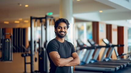 An active young Indian fitness instructor, confidently posing with crossed arms, smiles at the...