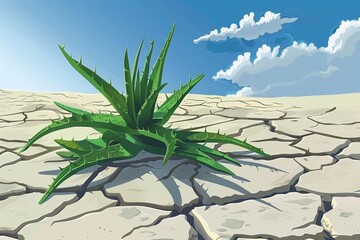 Aloe vera leaves emerge from the cracked desert landscape. It symbolizes flexibility and adaptability.