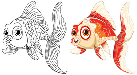Vector illustration of a goldfish, colored and line art.