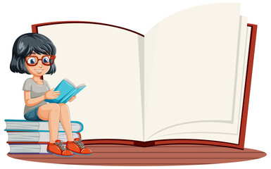 Cartoon of a girl reading books on a stack - 781864756