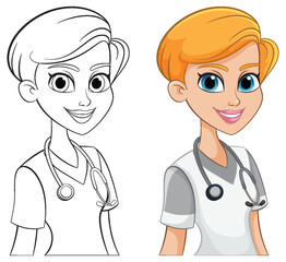 Colorful and outlined versions of a cartoon nurse - 781864757