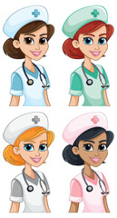 Four cartoon female nurses with different ethnicities
