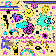 Psychedelic background with geometric shapes surreal elements abstract symbols and signs
