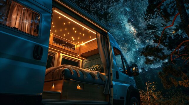 Starry night over a camper van in the wilderness, cozy interior light, wide angle, tranquil