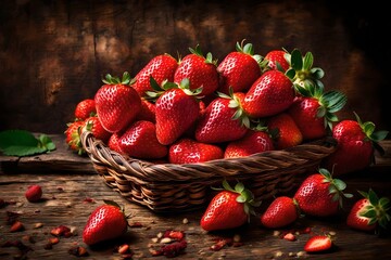 An artistic composition capturing a basket filled with plump strawberries against a rustic backdrop, the - obrazy, fototapety, plakaty