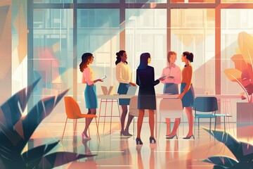 Visuals illustrating businesswomen collaborating in a professional setting, such as a conference room or office environment, exchanging insights, and strategizing together to achieve common goals - 781865394