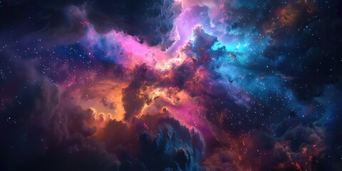Behold a mesmerizing vista of cosmic clouds and nebulae, where intermingling colors and ethereal light dance across the canvas of deep space, evoking a sense of awe and wonder. - obrazy, fototapety, plakaty