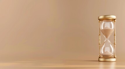 Productivity-themed Text Space, Vintage Hourglass Wooden Table Display, Solid Beige Background, Elegantly Positioned Vintage Hourglass, Beige Background with Space, copy space
