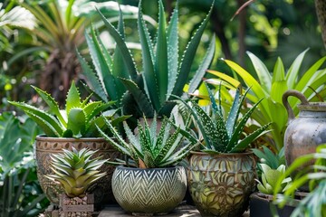 Obraz premium Serene Aloe Vera Garden There are plants arranged in clusters in pots.