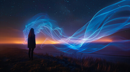 Fototapeta premium Woman stands light explosion on a hill overlooking a vast ocean