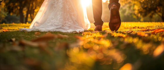 Sunset Wedding: a bride's lace gown and groom's shiny shoes on a bed of autumn leaves. Generative AI