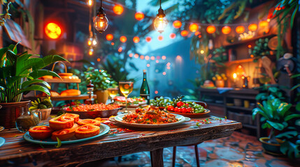 Warm and Inviting Dinner Atmosphere at a Rustic Restaurant, Perfect for Nighttime Gatherings with Blurred City Lights in the Background