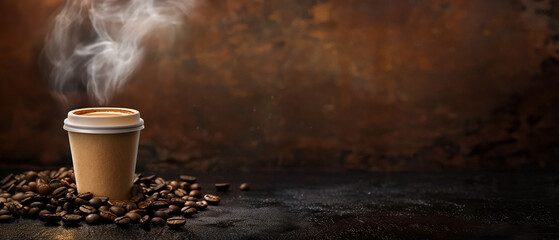 Steaming coffee cup on a bed of coffee beans with dark rustic background. Banner with copy space. Generative AI