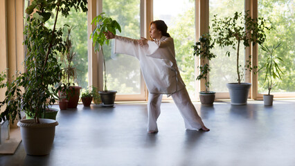 Young Woman praticing tai chi chuan in the gym. Chinese management skill Qi's energy. banner. copy space. Healthy lifestyle 