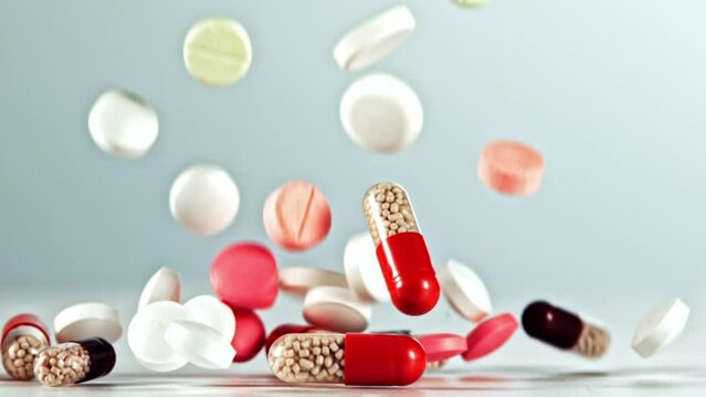 Super slow motion various capsules and pills fall into a heap . High quality FullHD footage
