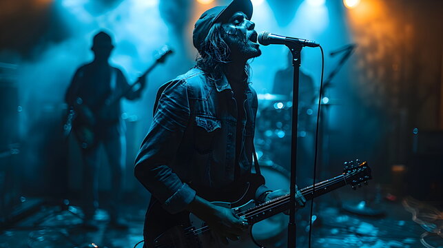 metal rock singer, music band , concert, rocker,Rock band electrifying concert stage with music, lights, and energetic performance