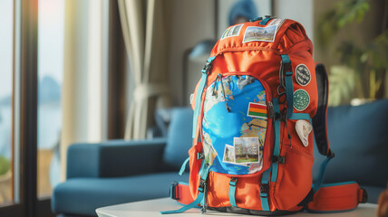 Orange backpack with stickers and a globe, indoor setting.