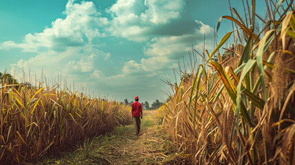 An indian farmer walking in the sugarcane field.
