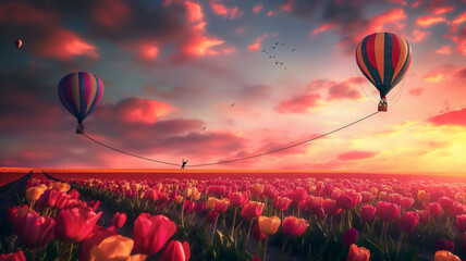 Person tightrope walking between hot air balloons over tulip field at sunset. - obrazy, fototapety, plakaty