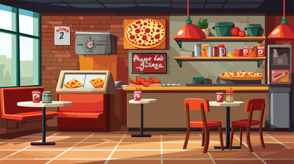 Pizza and fast food restaurant interior. Vector car