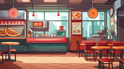 Pizza and fast food restaurant interior. Vector car