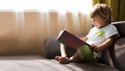 Child boy reading a book sitting  on the sofa. copy space