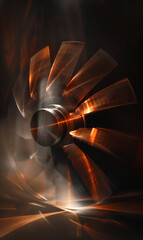 Warmly lit metal turbine with dynamic shadows and highlights.