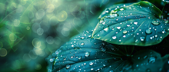 Banner with fresh green leaves with sparkling dewdrops and bokeh light effect. Generative AI
