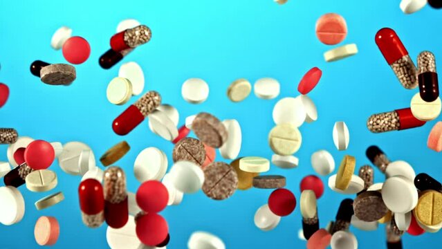 Super slow motion various capsules and pills fall into a heap . High quality FullHD footage