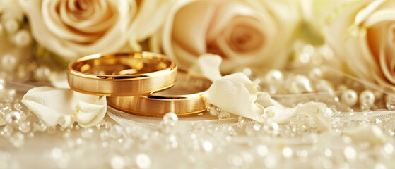 Elegant wedding bands amidst cream roses and pearls on lace. Generative AI