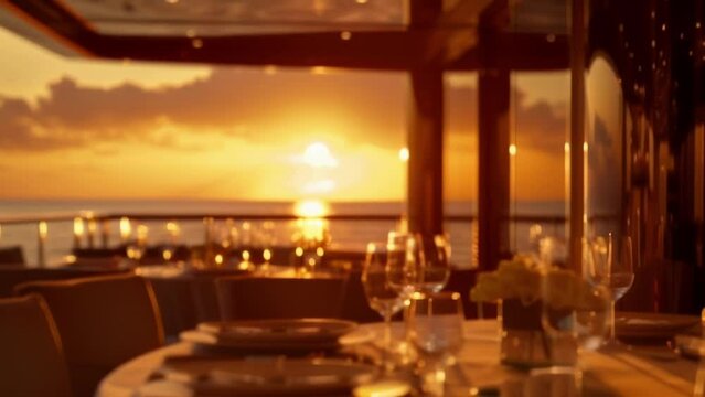 In the distance the sun begins to dip below the horizon casting a golden glow over the luxury yacht. Inside the dining room is aglow with warm ambient lighting creating an