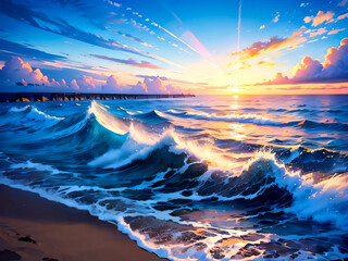 海　朝焼け、夕焼け、夜明け、日の出