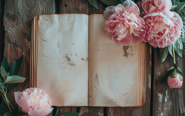 Pink peonies laying next to an open vintage notebook with copy space.	