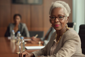 african american businesswoman sitting at conference table, at group multiethnic briefing - obrazy, fototapety, plakaty