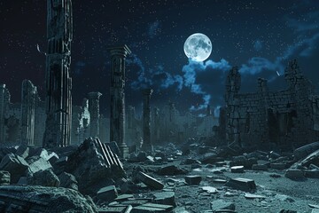 Shattered skyline, night, moonlit ruins, wide shot, lost civilization theme - obrazy, fototapety, plakaty