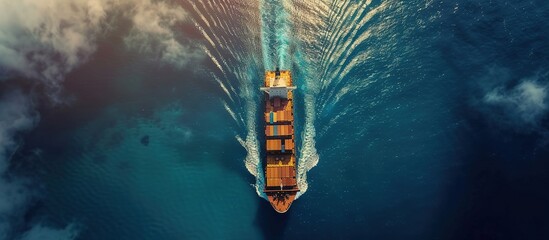 Aerial top view of cargo sea vessel with contrail on sea vessel carrying containers and running for export concept freight forwarding - obrazy, fototapety, plakaty