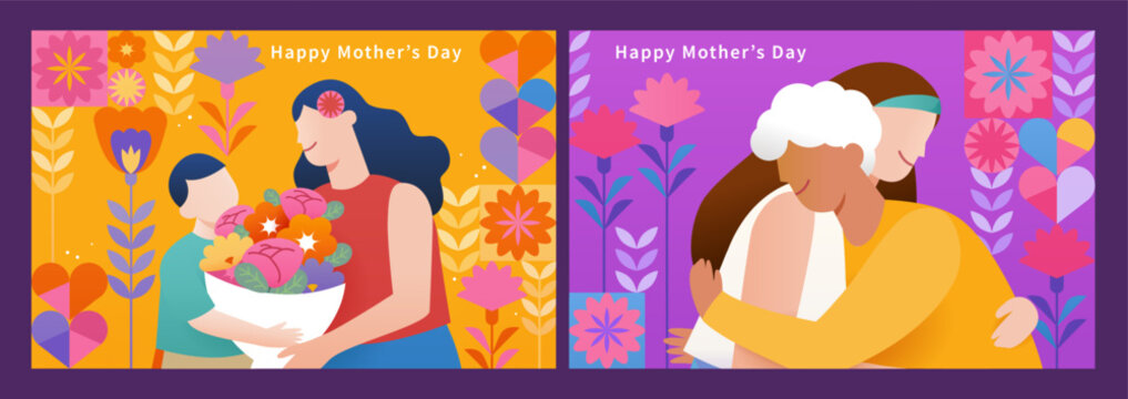 Colorful Mothers Day templates with mother and children moments.