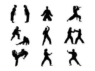 Set of Woman Judo Silhouette in various poses isolated on white background