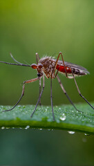 close up of a mosquito in full focus and detail with beautiful bokeh and green background