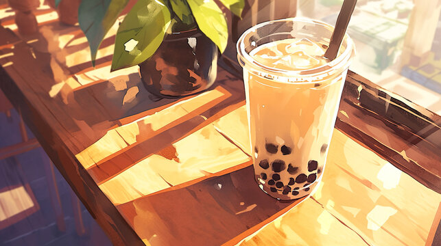 喫茶店の木のテーブルに置かれたタピオカミルクティーの水彩イラスト