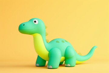 
Playful 3D rendering of a colorful cartoon dinosaur in pastel green tones, set against a soothing solid pastel yellow background, suitable for children's educational materials
