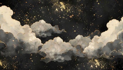 Artistic rendering of gold-flecked clouds on a dark, star-filled sky, conveying a sense of mystique and elegance. - obrazy, fototapety, plakaty