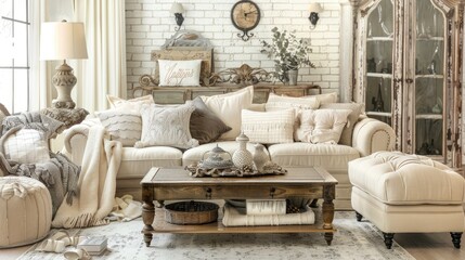 French Country: Warm and inviting, with distressed wood finishes, ornate details, soft color palettes, and vintage-inspired accessories 