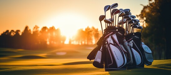 A new set of golf clubs on a green golf course at sunset. Used for wallpaper and golf sports equipment templates with copy space.