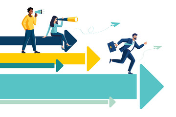 Fototapeta premium teamwork vision path goal success. study horizons company work finding ways develop. people stand profit, growth arrows look binoculars, big telescope spyglass in search new ideas vector illustration