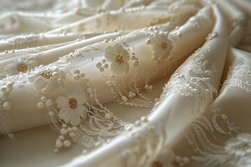 A piece of white lace with delicate flowers and pearls sewn onto it. The lace has a scalloped edge and appears draped over a dark surface. - obrazy, fototapety, plakaty