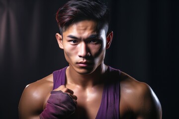 Fototapeta na wymiar Muay Thai fighter, his focus unwavering against a subtle lavender background, capturing the essence of Thai combat sports