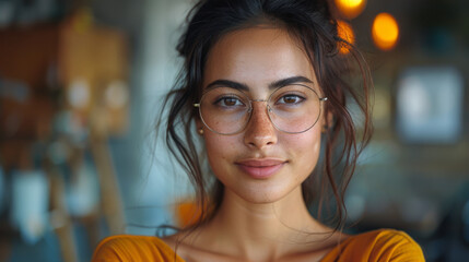 Happy young indian woman blogger applicant teacher sit at home office look at camera doing online job interview during video chat conference call record vlog teaching on webinar in app, webcam view.