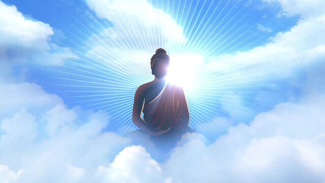 Experience serenity with this motion graphic featuring Buddha seated amidst heavenly clouds, tranquility and spiritual elevation. Perfect for meditation apps, wellness videos, and spiritual content