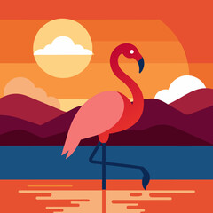 a flamingo standing by the lake at sunset --Vector illustration